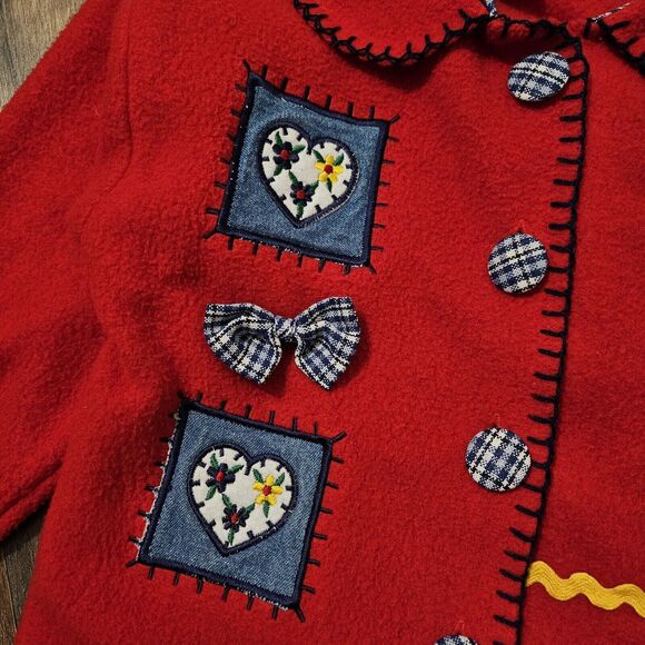Vintage 80s Radishes & Roses Girl's 3T Red Fleece Cardigan Jacket with Patches - Picture 4 of 8